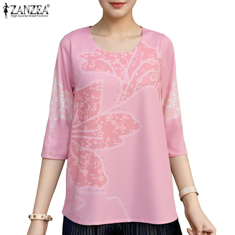 ZANZEA Women Casual Round Neck Loose 3/4 Sleeve Print Blouse