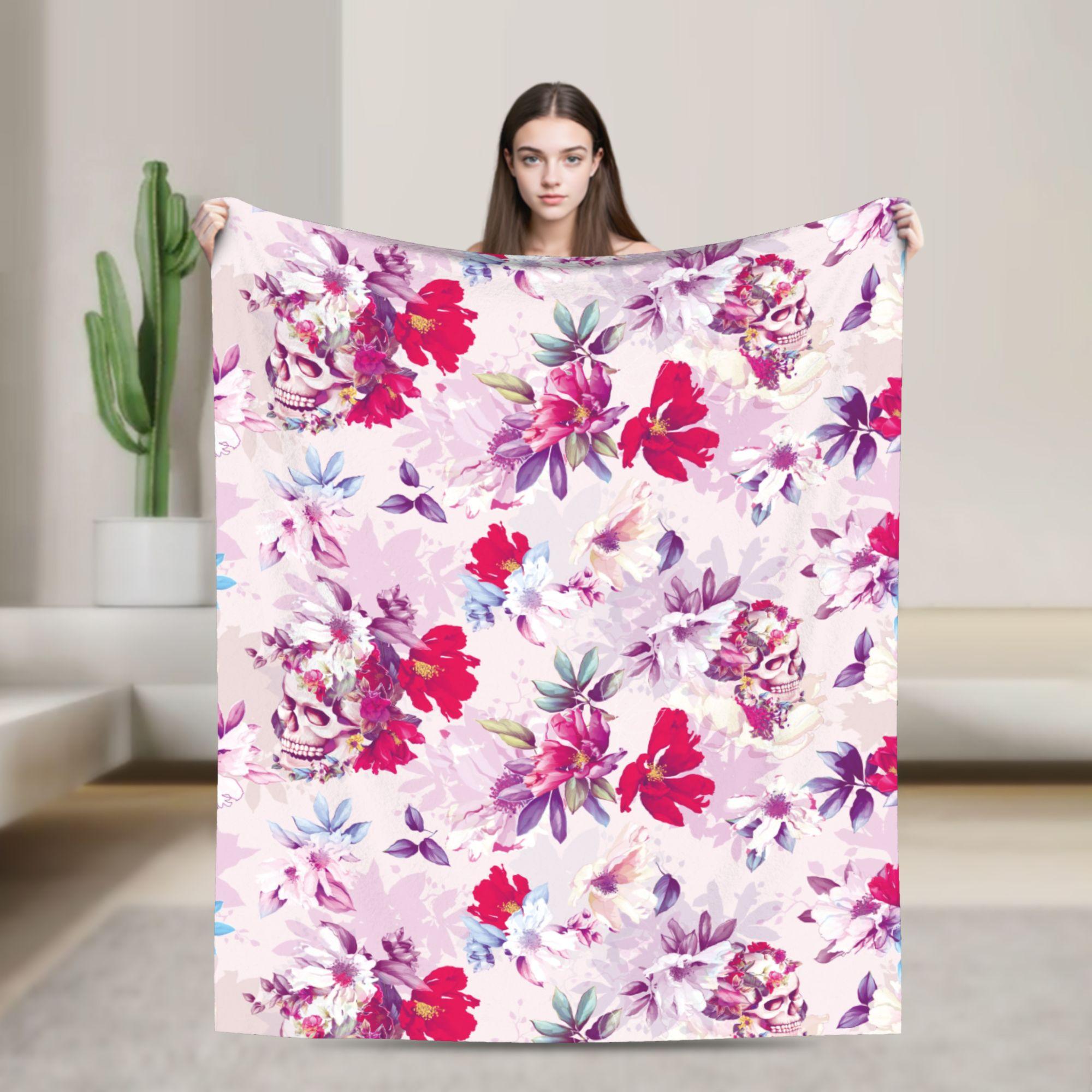 

Floral Skull Blanket Pink Cherry Flannel Funny Warm Throw Blanket for Bed Sofa Spring Autumn 100x150cm