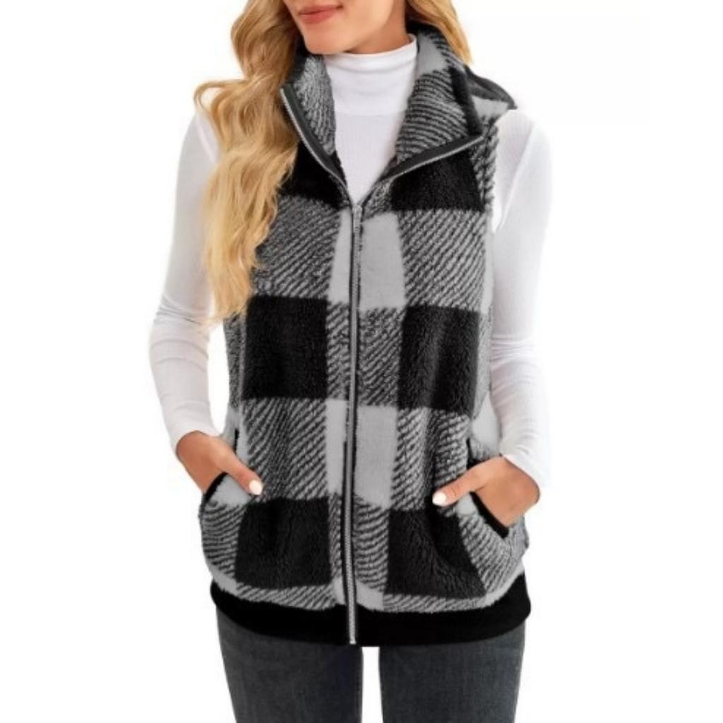 2025 New Women's Plaid Fleece Cardigan Vest - Stand Collar Sleeveless Outerwear for Ladies - Comfortable Casual Jacket