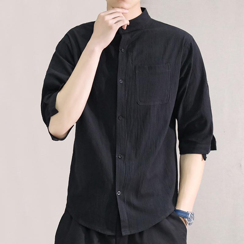 Summer Men Fashion Trendy Cotton Linen Five-Point Sleeve Shirt Casual Loose Solid Color Thin Breathable Top 3Xl