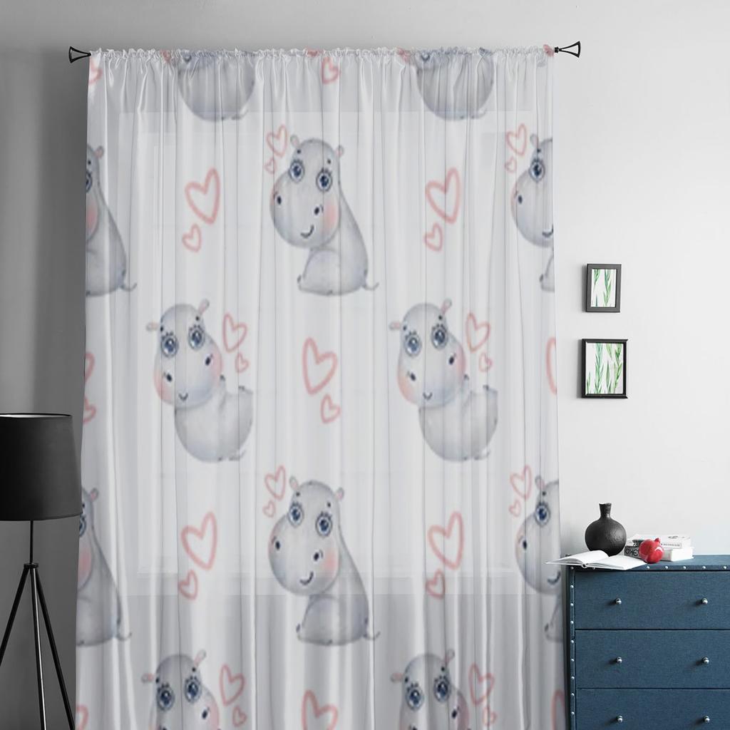 Cute Cartoon Hippos Sheer Window Curtains For Living Room Bedroom Modern Voile Tulle Curtains Fabric Drapes For Kitchen