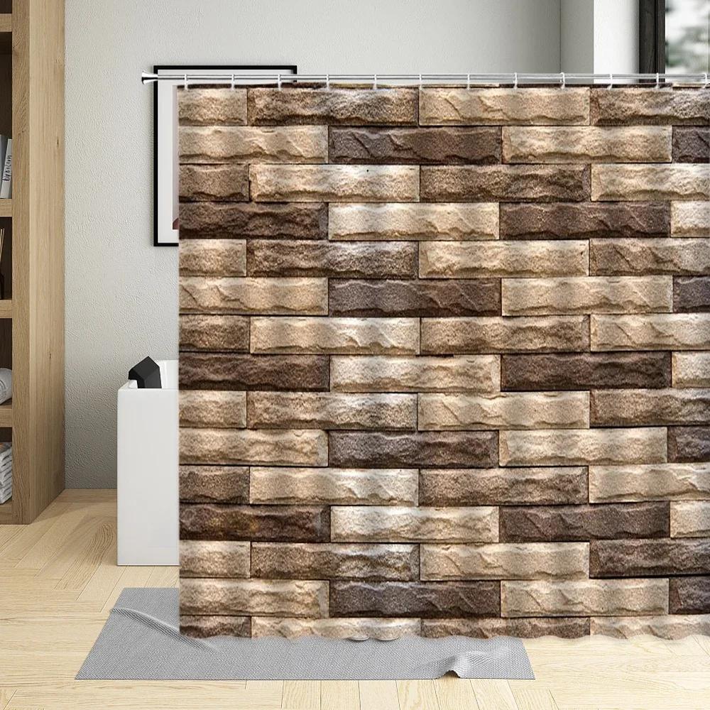 Stone Wall Brick Texture Shower Curtain Set Retro Geometric Red Gray White Bathroom Decor Bathtub Screen Curtains Polyester Hook