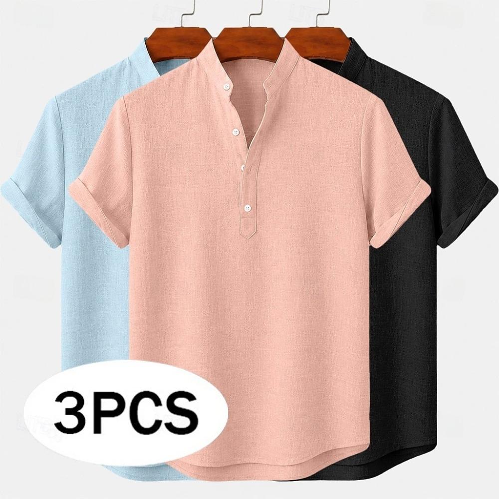 Men s Cotton Short-sleeved Button-down Collar Stand-up Collar Casual Summer Home Wear Daily Shirt (3 Pieces) S