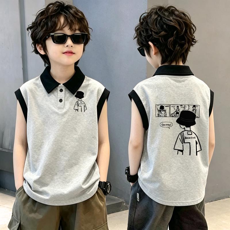 Boys' Trendy Cotton Color Block Polo Vest T-shirt with Stylish Lapel Patchwork - Sleeveless Summer Top for Medium and Large Children