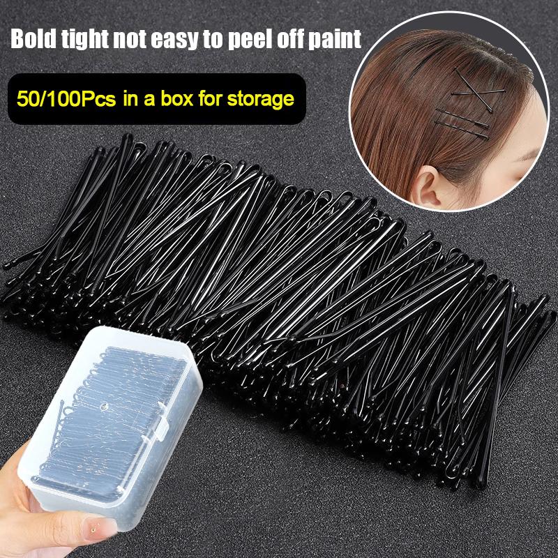 50/100Pcs Black Straight Line Hair Clip U-Shaped Needle Lady Hairpins Curly Wavy Grips Women Bobby Pins Styling Hair Accessories
