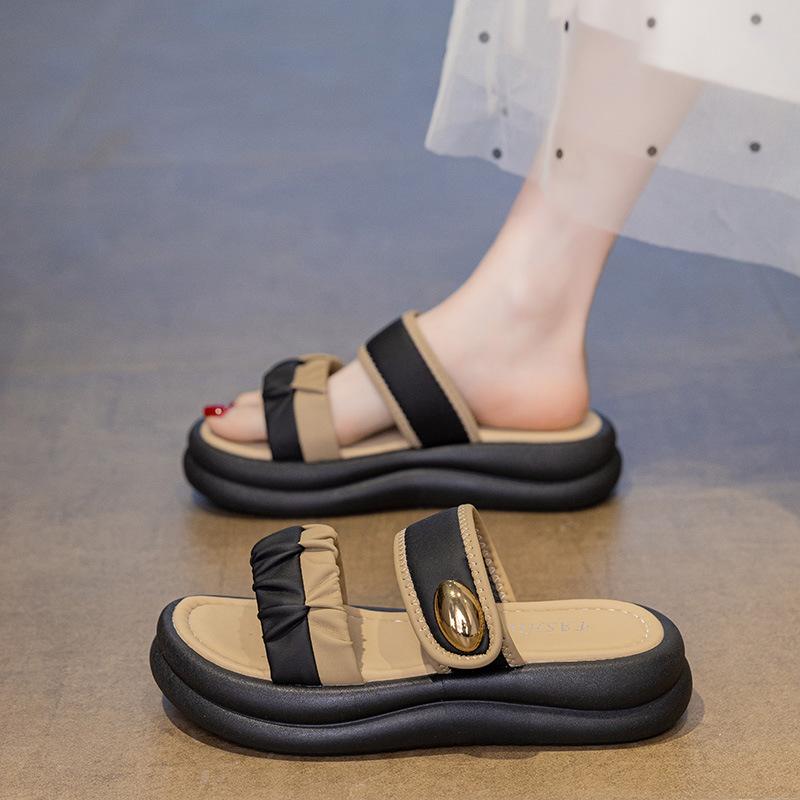 

French Comfortable Wearing Summer Breathable Flat Bottom Thick Bottom Height Increasing Slippers -Chic and Versatile Women s Home and Outdoor Sandals 41 чёрный