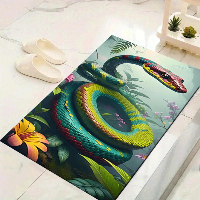 1pc Calm Green Snake Print, Design Indoor Area Rug - Soft, Anti-Slip, and Durable Gaming Room Decor for Bedroom