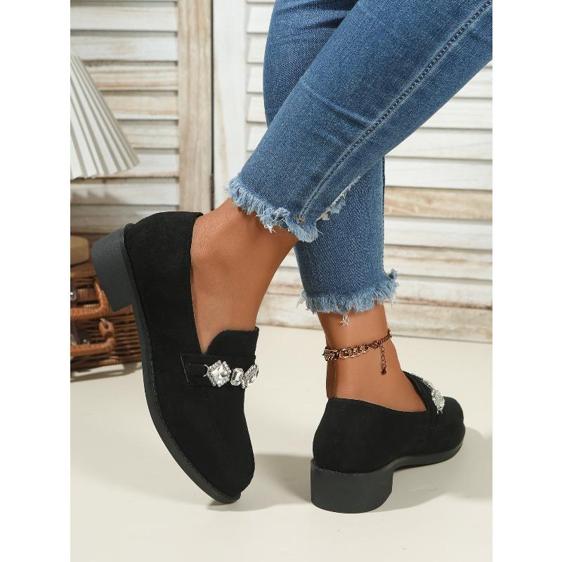 2025 Autumn New Rhinestone Suede Low-Top Shoes Thick Heels British Loafers Women