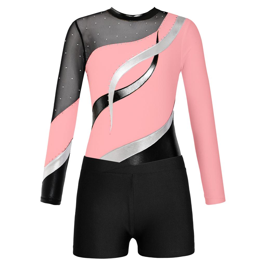 Kids Girls Long Sleeve Gymnastic Leotard with Shorts Athletic Dance Unitards Performance Competition Costume