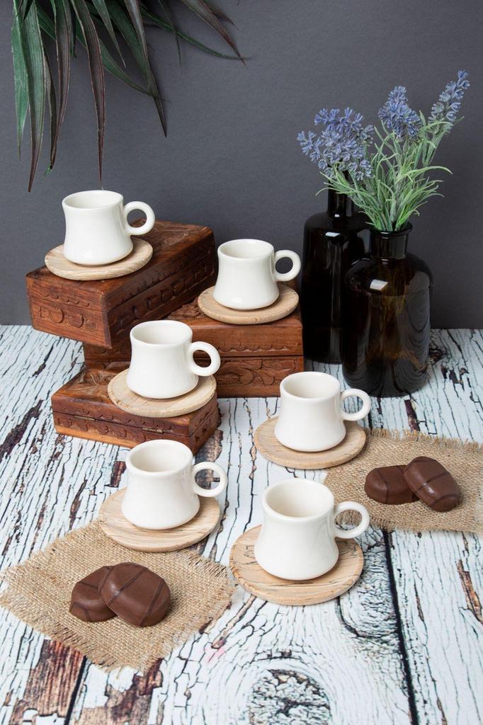 Coffee Set for 6 People with Wooden Plates Bamboo Cup Set Ceramic Cup Turkish Coffee Cup Set