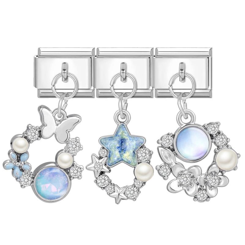 Y2K 3PCS Colorful Crystal Zircon Pendant Moon Star Bow Italian Charm Links Stainless Steel Fit 9mm Bracelet Jewelry DIY Making