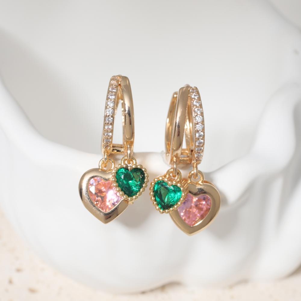 1 Pair Fashion Green&pink Heart Shape Zirconia Dangle Earrings for Women Earring Jewelry Wedding Party Accessories разноцветный