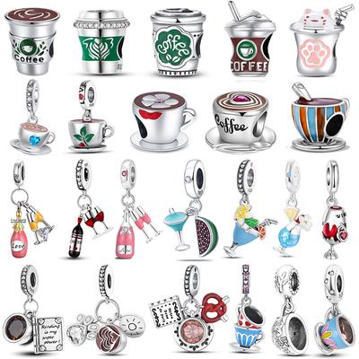 S925 Silver Cup Collection Afternoon Tea Coffee Wine Glass Pendant Fit Original  Bracelet Charms Bead Necklace DIY Jewelry