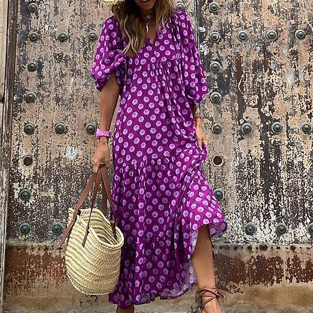 Rochie lungă boemă cu imprimeu floral pentru femei, cu decolteu în V, la modă, la modă, la plajă