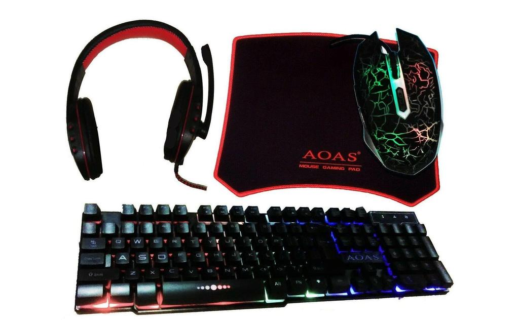 AOAS 4-in-1 Gaming Set: Backlit Keyboard + RGB Mouse + Headset with Mic + Mousepad, Immersive Play
