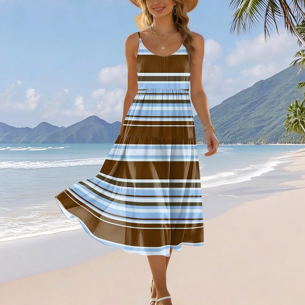 Women's Summer Fashion Printed Pocket Adjustable Shoulder Strap Bohemian Leisure Beach Resort Strap Dress