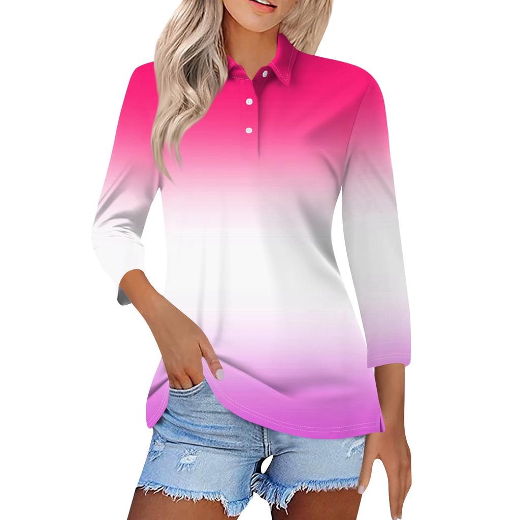 Women's Fashion Casual Lapel Short 3/4 Sleeve Printed Shirt Women's Button Up Tops