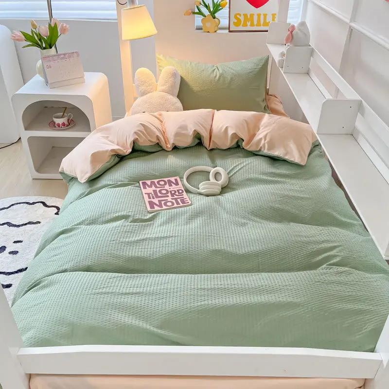 Ins Style Bedding Set Waffle Summer Student Dormitory Duvet Cover Set Bed Sheet Three Piece Set KING Queen