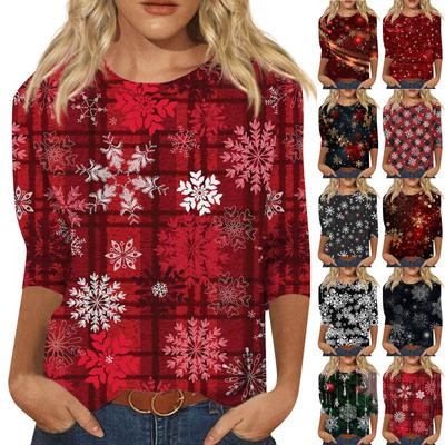 Women's Fashion Casual Seven Sleeve Christmas Printed Round Neck Top