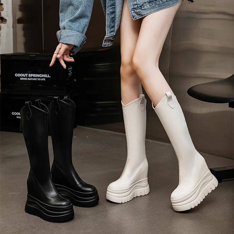 Fashion 12CM Microfiber Leather Platform Wedge Knee High Booties Women Autumn Slip on Spring Chimney Hidden Heels Over The Shoes