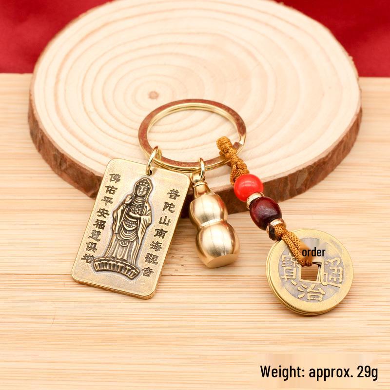 Brass Five Emperors Coin & Pixiu Keychain with Abacus, Gourd & Dragon Talisman for Wealth Attraction