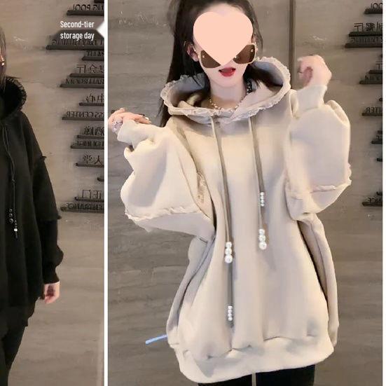 

Velvet-Lined Lace Patchwork Hoodie - Mid-Length Casual Top for Fall/Winter 2XL 75-95 kg бежевий