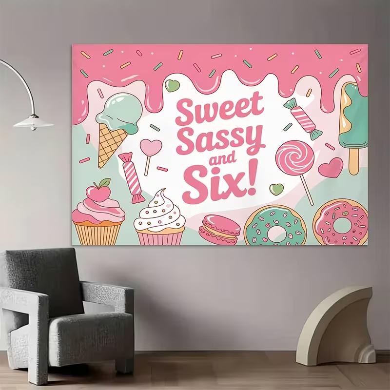 2D 6th Birthday Sweet Treat Background Cloth, Pink Ice Cream Party Backdrop