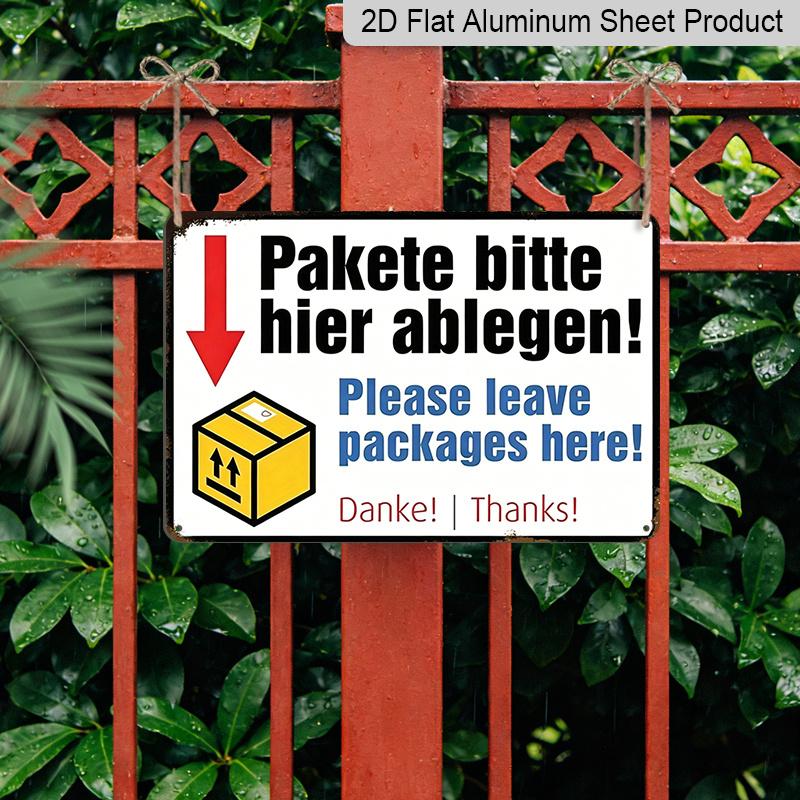 2D Flat, Single Vintage Package Drop Off Sign - Sturdy Aluminum Metal Leave Packages Here - Featuring German-Inspired Text - Suitable for Home