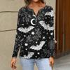 Women's Long Sleeve V-Neck T-Shirt with Button and Halloween Print Casual Top