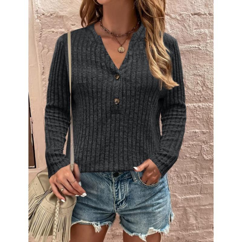 JKASHDK Women's Fashion Casual Spring Fall Solid Color Print Long Sleeve V-Neck Pullovers & Long Sleeves