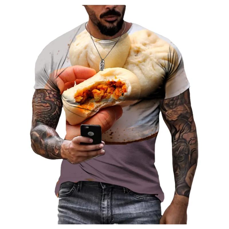 Summer Round Neck 3D Food Pattern Print Top Fashionable Casual Hip Hop Short Sleeved Men's T-shirts