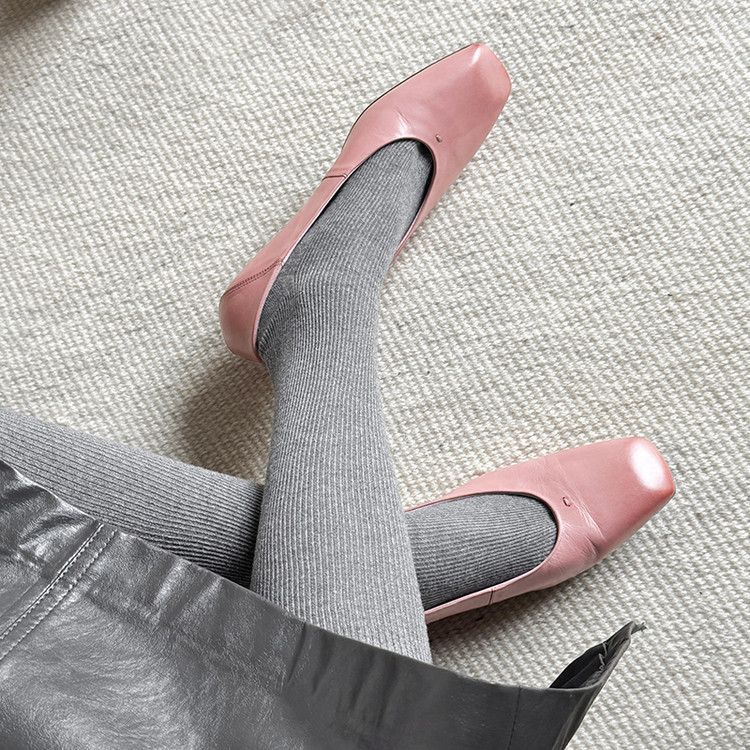 

2025 spring and summer new low-heeled square-headed shallow-mouth grandma shoes women s French thick-heeled pink versatile lazy casual shoes 40