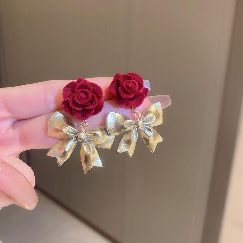 

Серьги с бантом из красного бархата и жемчугом Серебряная игла Анкола - Ретро Высококлассные Осенне-зимние Украшения