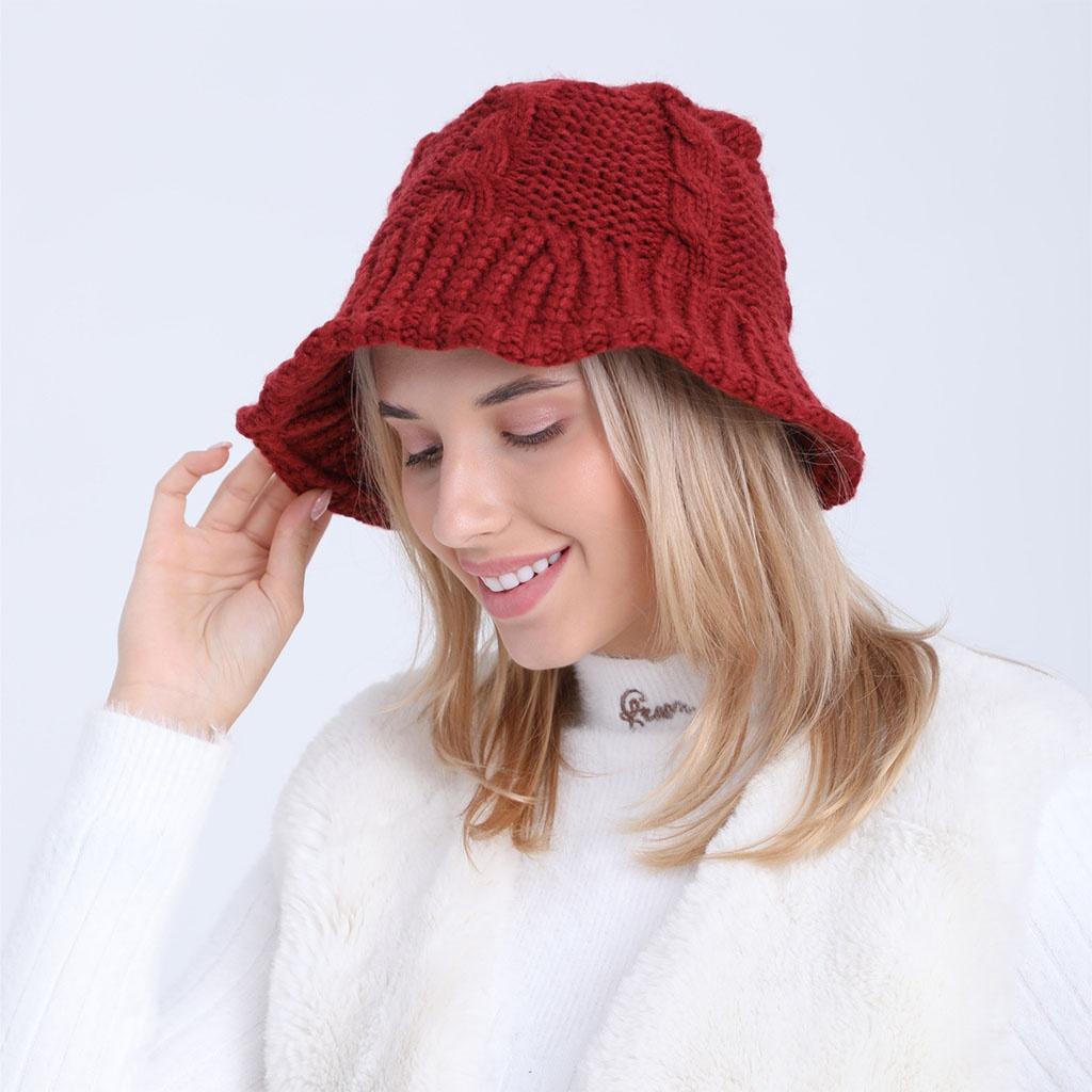 Women Winter Cable Knit Bucket Hat Twist Pattern Solid Color Warm Fisherman Cap HOM