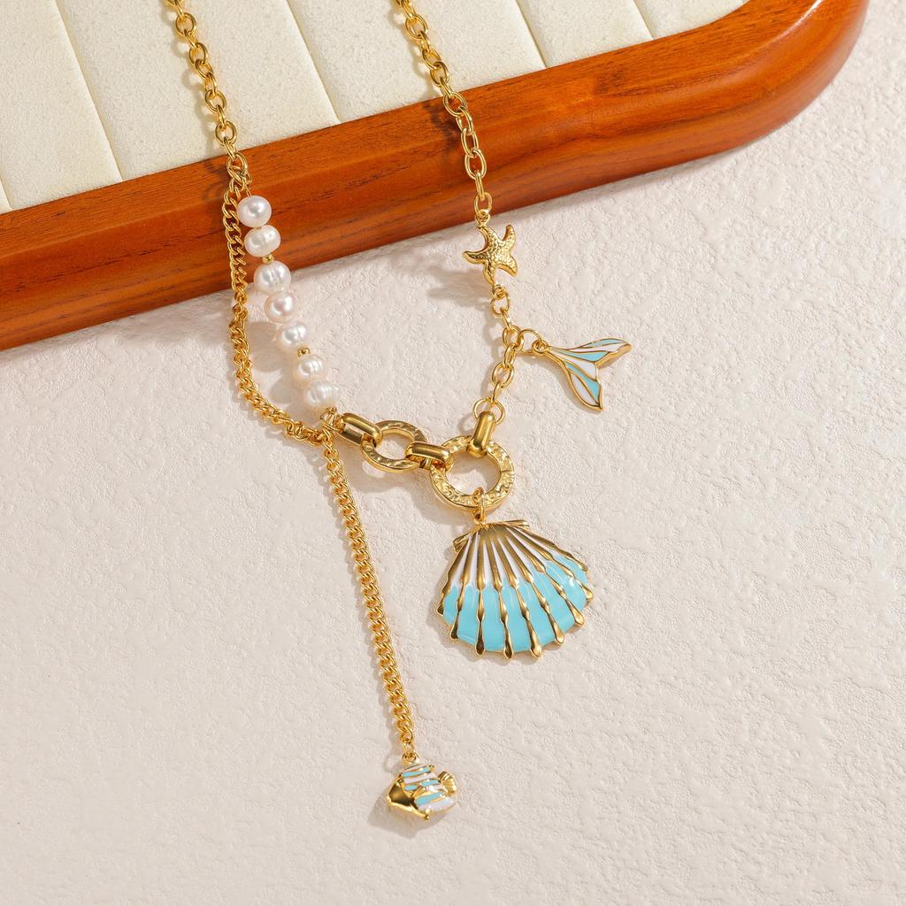 Bohemian Stainless Steel 18k Gold Shell Ocean Series Long Necklace, Fashionable and Versatile Titanium Steel Design