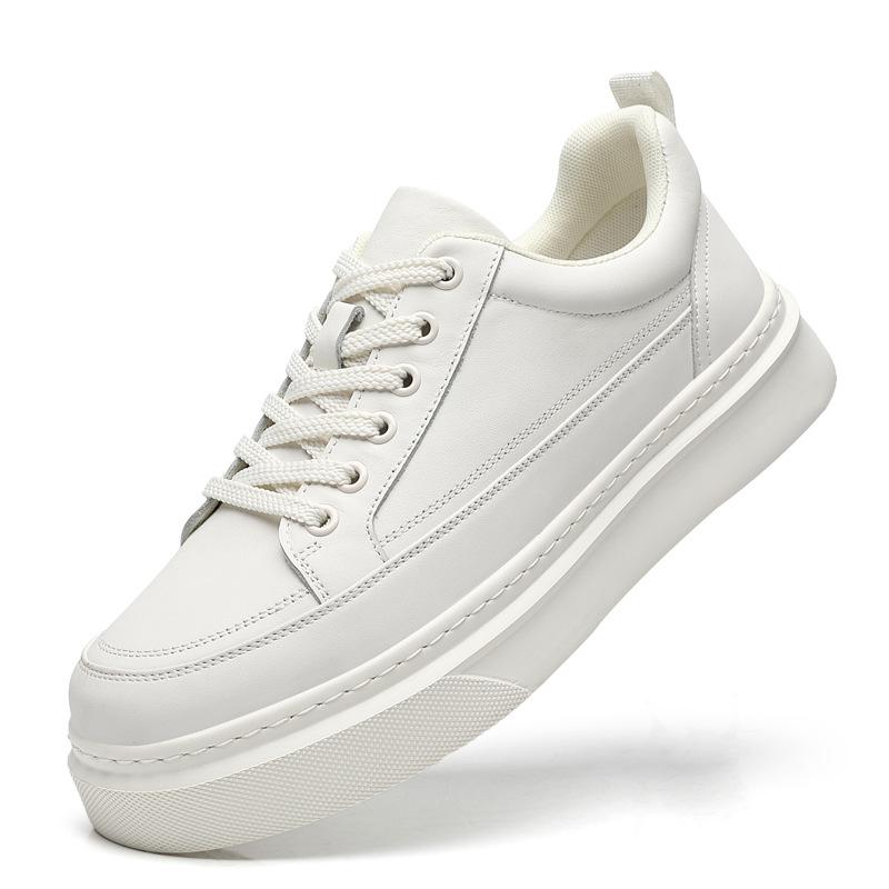 Spring Men Genuine Top Layer Cowhide White Shoes, Soft Breathable Thick Sole Height Boost Black Business Casual Skate Sneakers