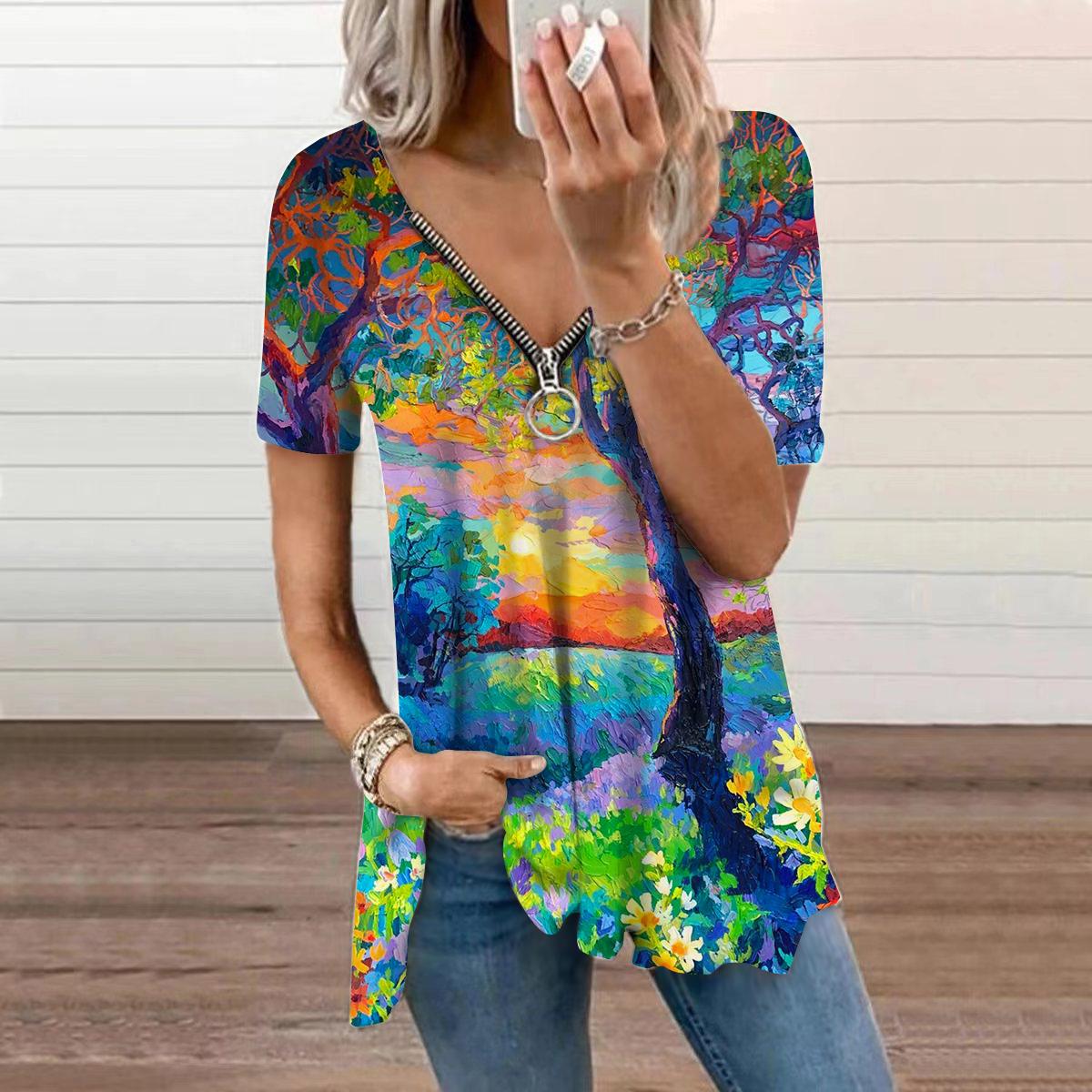 

Женский топ, летний новый модный повседневный топ с оранжевой сосной и кипарисом и застежкой-молнией с v-образным вырезом и короткими рукавами 8XL