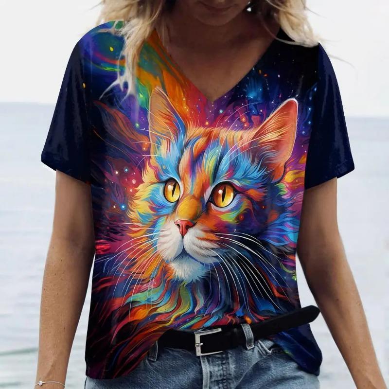 plus size 7XL Ladies' V-neck T-shirt 3D Printed Fashion Trend Bird Cat Dog Animal Print Short Sleeved Clothing Breathable Top T-Shirts Women’s