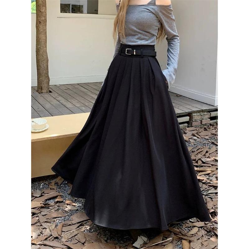 Women High Waist Jupe Korean Pleating Swing Skirt Vintage Fashion Spring Office Falda Holiday Loose Solid Long Skirt
