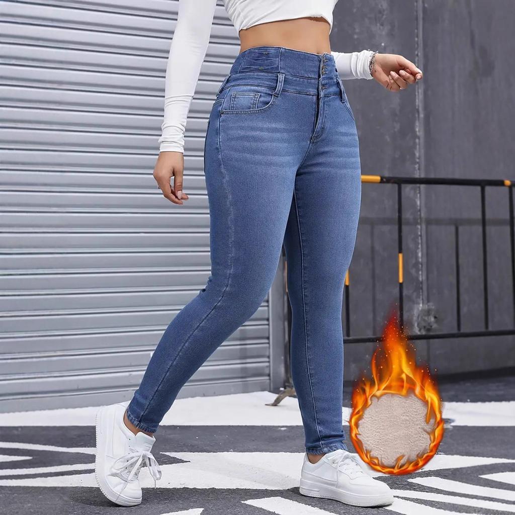 Women's Fleece-lined Jeans, Stylish, Casual, And Versatile Slim-fit Pants