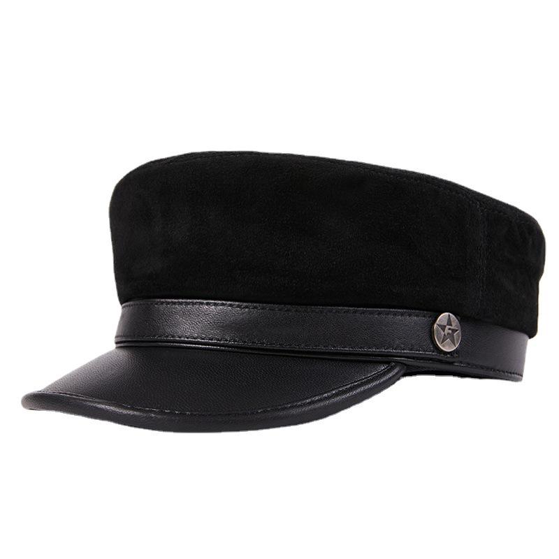 Korean Style Unisex Lambskin Flat Top Hat - Genuine Leather, Trendy, Youth Student Design, Casual, Face-Slimming Look
