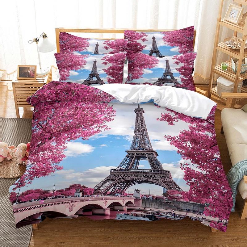 Set Biancheria da Letto Matrimoniale Cotone Torre Eiffel - Fantasia 3 Pezzi con Federe per Piumino Matrimoniale e Federe per Cuscini, Ideale per Letti di Coppia