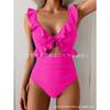 New women's one-piece belly pleated swimsuit V-neck pleated swimsuit Slim-fit hollow swimsuit women