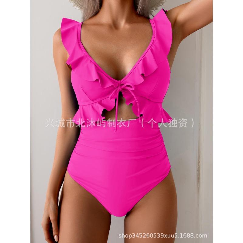 New women's one-piece belly pleated swimsuit V-neck pleated swimsuit Slim-fit hollow swimsuit women