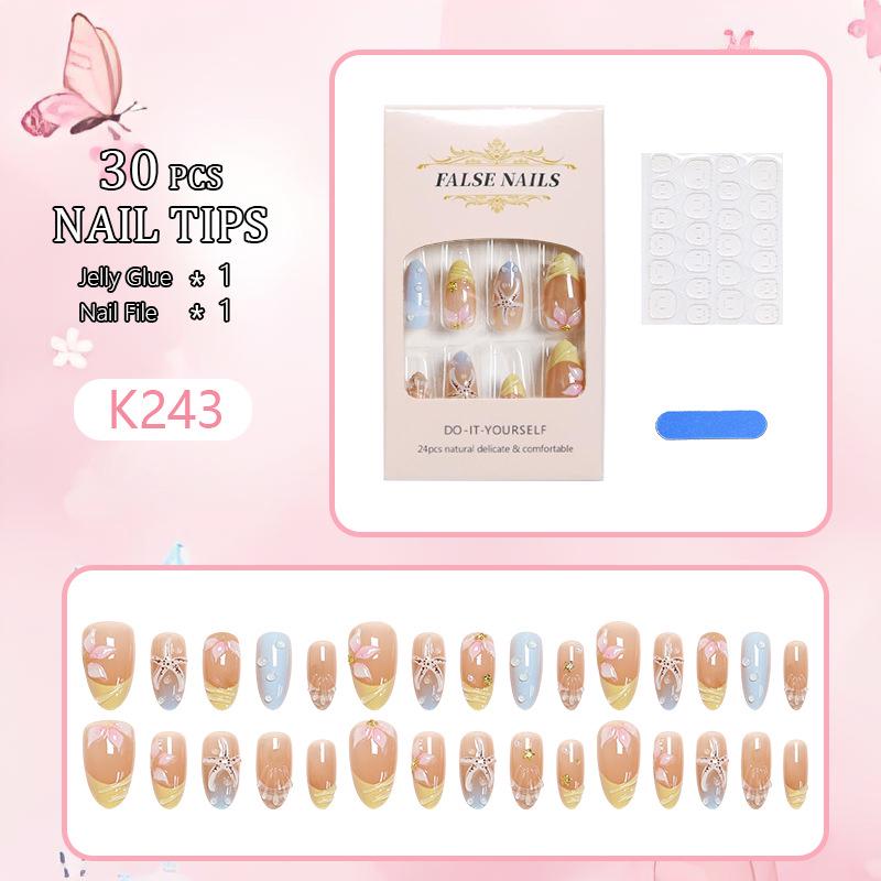 European & American Style 3D Short Almond Nail Tips - Starfish & Shell Petals Design for Summer