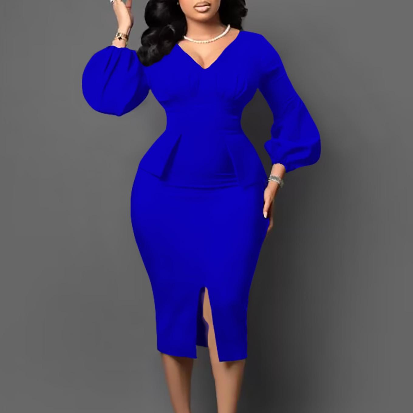 

Elegant Women Dress V Neck Long Sleeve Package Hips Mid Calf Formal Business Work Wear Dress Midi S синий