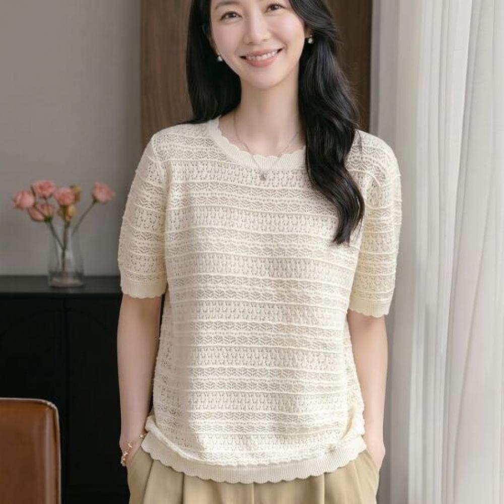 Navava Women Cool Daily Punching PaTTern Wave ShorT Sleeve KniT T shirT Nk3704