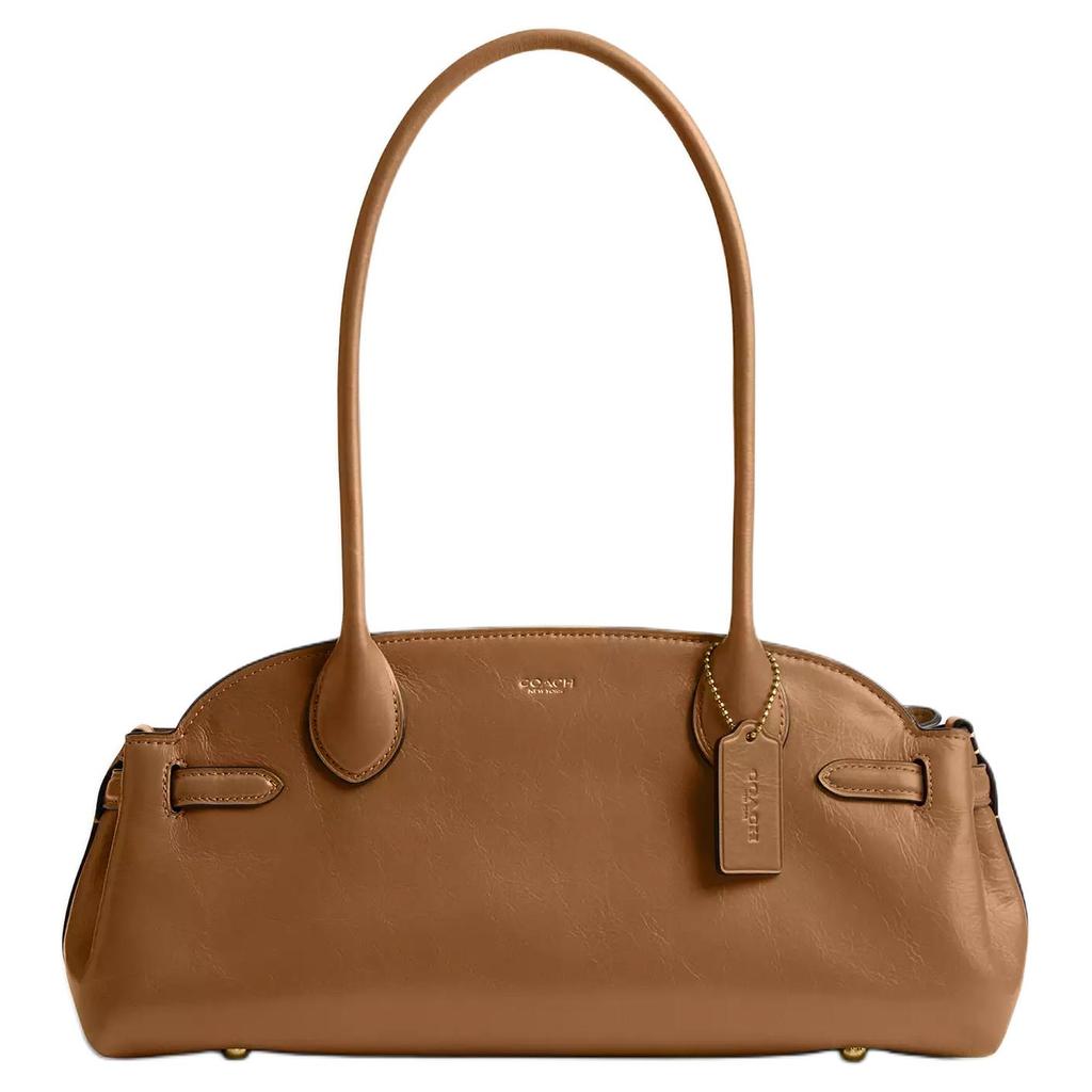 Coach Empire Carryall 34 Metal Brand Logo Zipper Closure Glazed Leather Shoulder Bag Large Women Shoulder Bag Brass Honey-Brown CAM03-B4T7J