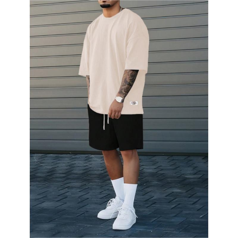 Men s Two-piece Sportswear Summer Loose Daily Suit Outdoor Street Short Sleeve Shorts Two Piece Men Summer Suit L
