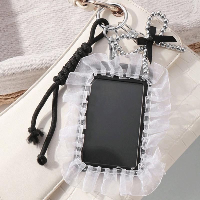 Elegant Badge Holder Gothic Bowknot Keychain Beaded Lace Card Charm Accessory Alternative Fashion Keyring